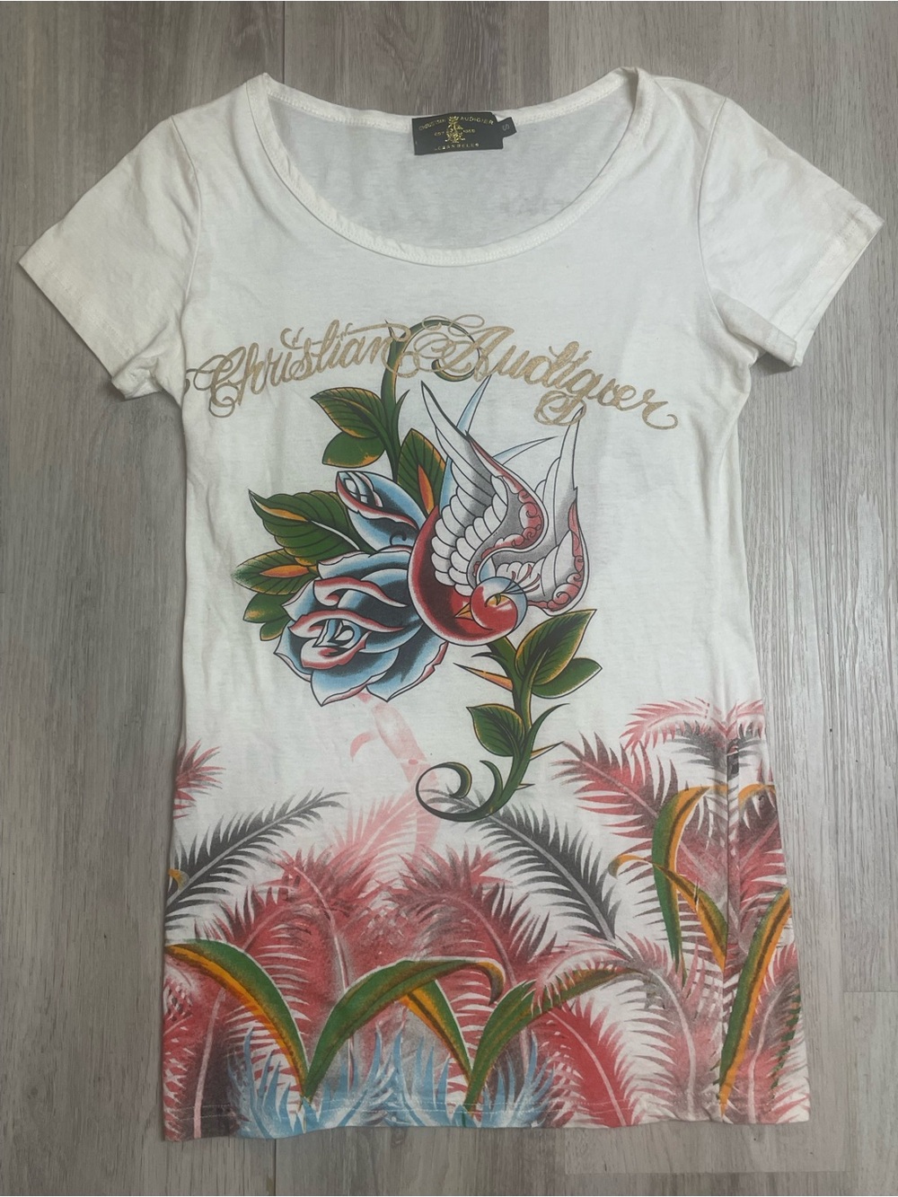 RARE vtg Christian Audigier Ed Hardy White Tee with Black & Gold Label sz S